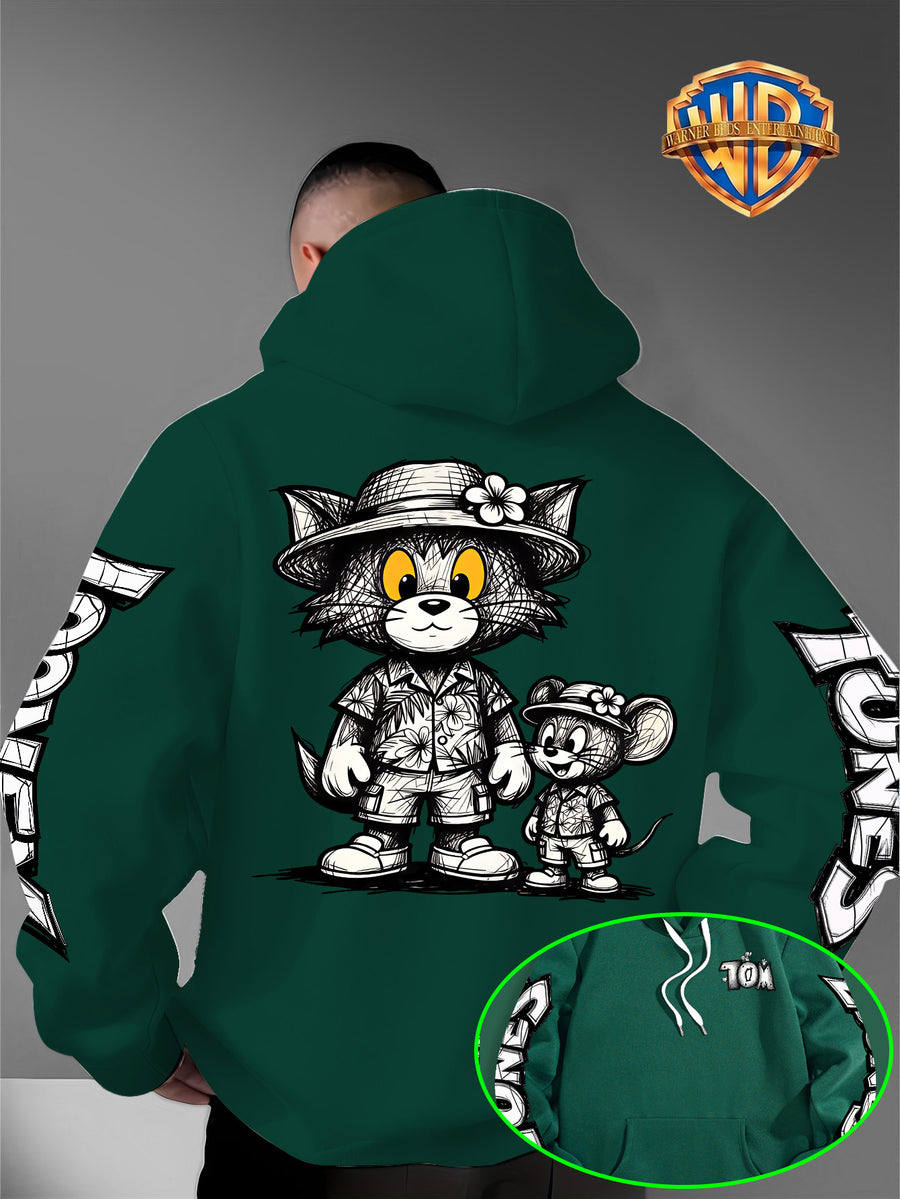 Men's Warner Bros. Vacation Hand-Drawn Sketch Print Hooded Sweatshirt, a Loose and Casual Hoodie Suitable for Animation IP Enthusiasts, Daily Commutes to School, Streetwear, and  Outfits for Couples and Best Friends - Green