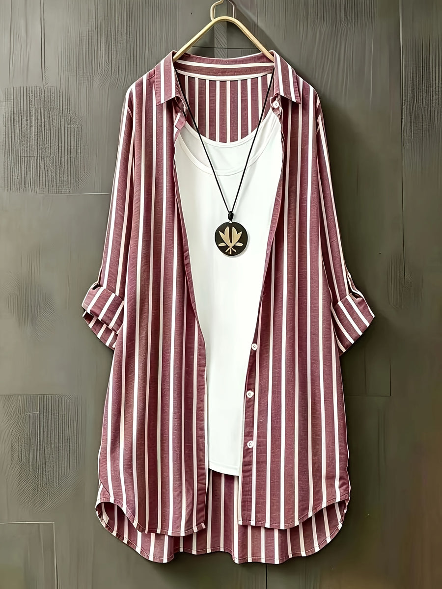 Targeted Development Women'S Long Sleeve Casual Striped Shirt, Suitable for Spring And Autumn - Red And White