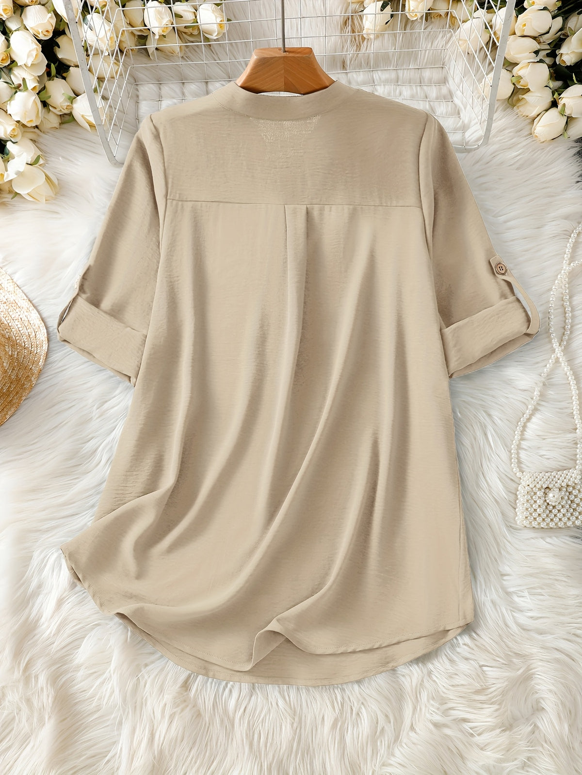 Elegant Women's Simple Casual Daily Short-Sleeve Solid Color Shirt, Spring/Summer Fashion Casual Outing Shirt, BK0608018 - Apricot