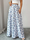 Women'S Fashion Elegant Casual Printed Button-Detailed Skirt, Summer Vacation Style, Elastic Waist, Flowing Long Dress, And Flattering - White