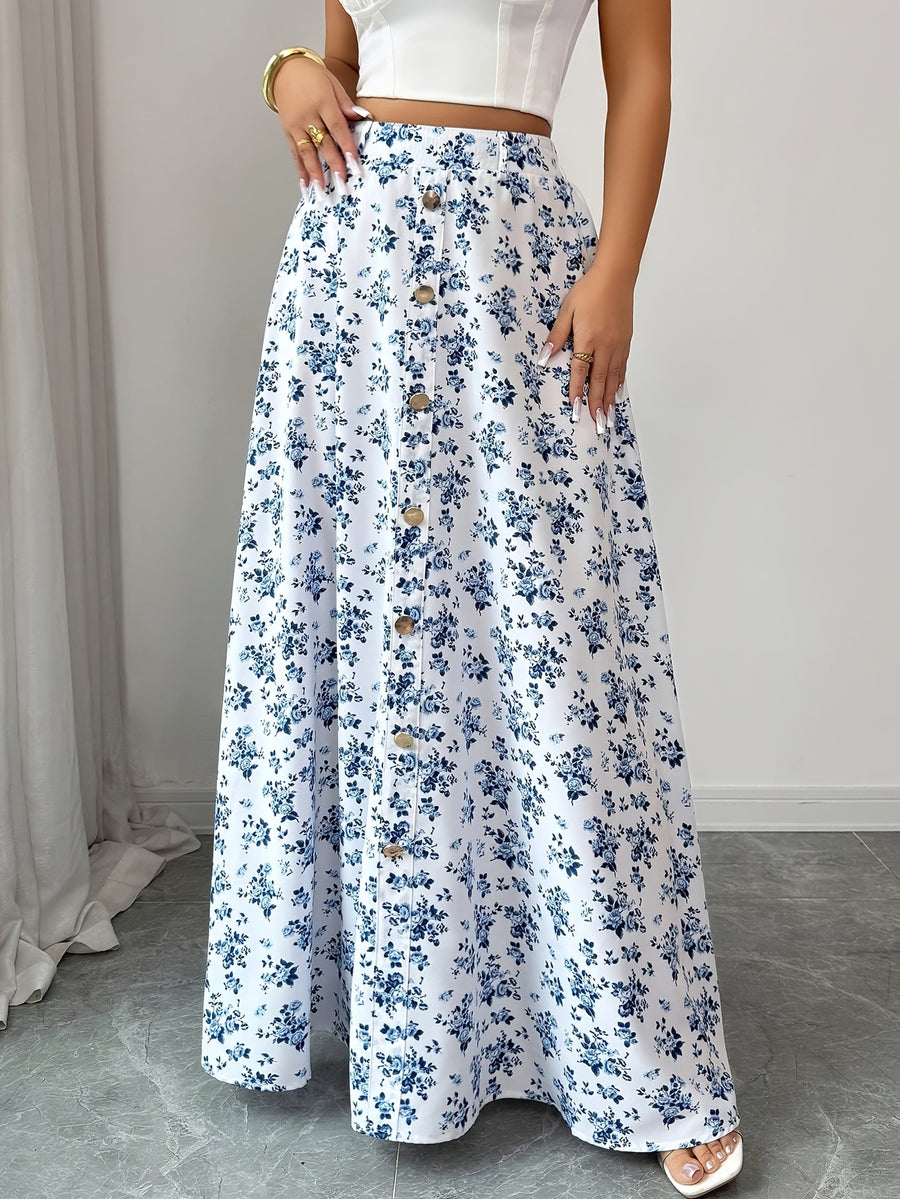 Women'S Fashion Elegant Casual Printed Button-Detailed Skirt, Summer Vacation Style, Elastic Waist, Flowing Long Dress, And Flattering - White