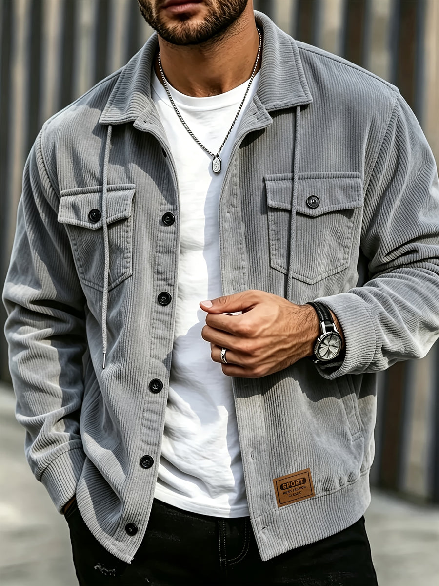BOWZ Men's Corduroy Jacket Button-Up Cardigan Coat with Stand Collar & Drawstring Hood Suitable for Sports, Casual Commuting Jacket, Corduroy Button-Front Closure, Machine Washable Fall Outerwear, Solid Color Regular Fit Cardigan Gift - Space Gray