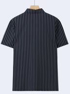 FT1105 EMPORIO Men's Striped Jacquard Print Short-Sleeve Polo Shirt, Comfortable Casual Ice-Feel Knit Business Lapel Daily Top, Gift - Navy Color