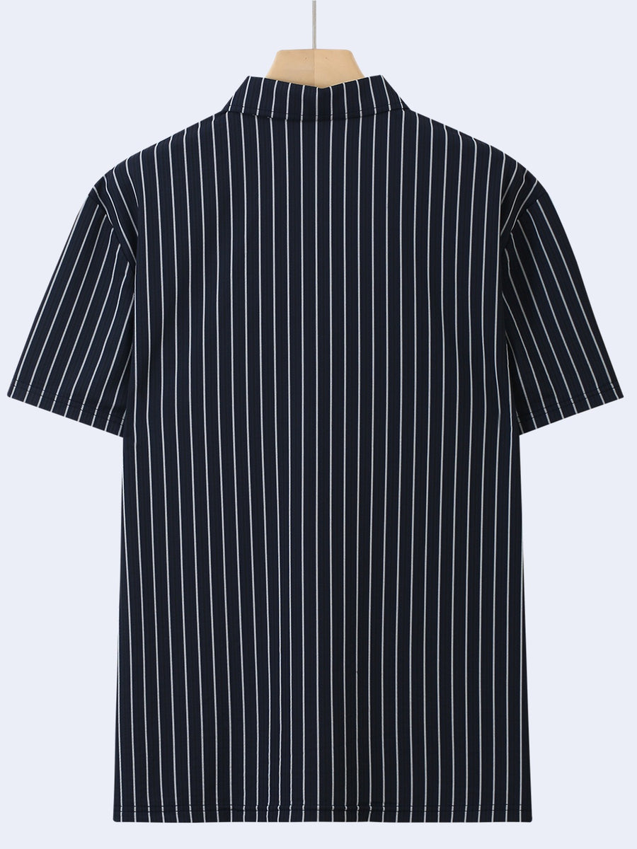 FT1105 EMPORIO Men's Striped Jacquard Print Short-Sleeve Polo Shirt, Comfortable Casual Ice-Feel Knit Business Lapel Daily Top, Gift - Navy Color