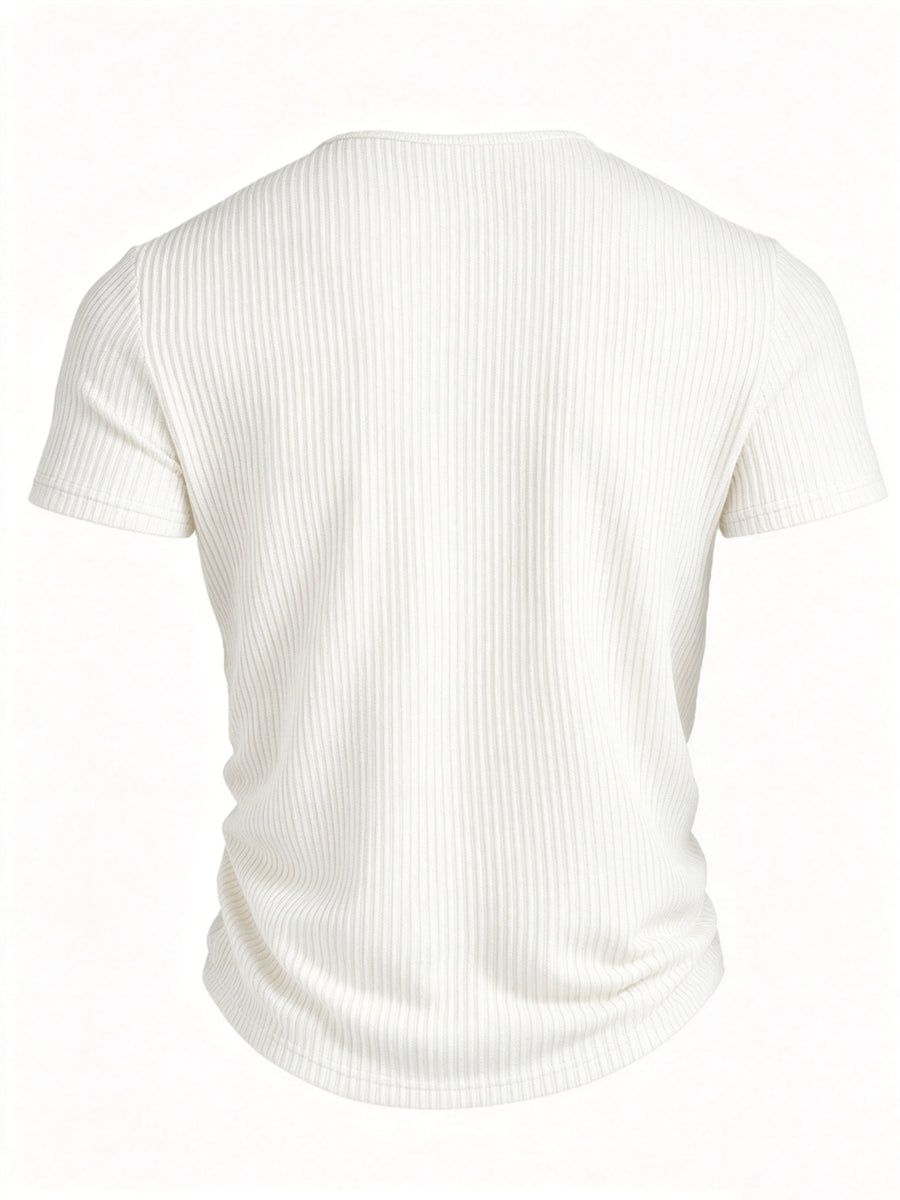 Josh Mei Product Selection Business Casual Men's Henley Short Sleeve Vertical Striped Textured Lightweight Breathable Top Outdoor Street Trendy Daily Commute Underwear Shirt - White