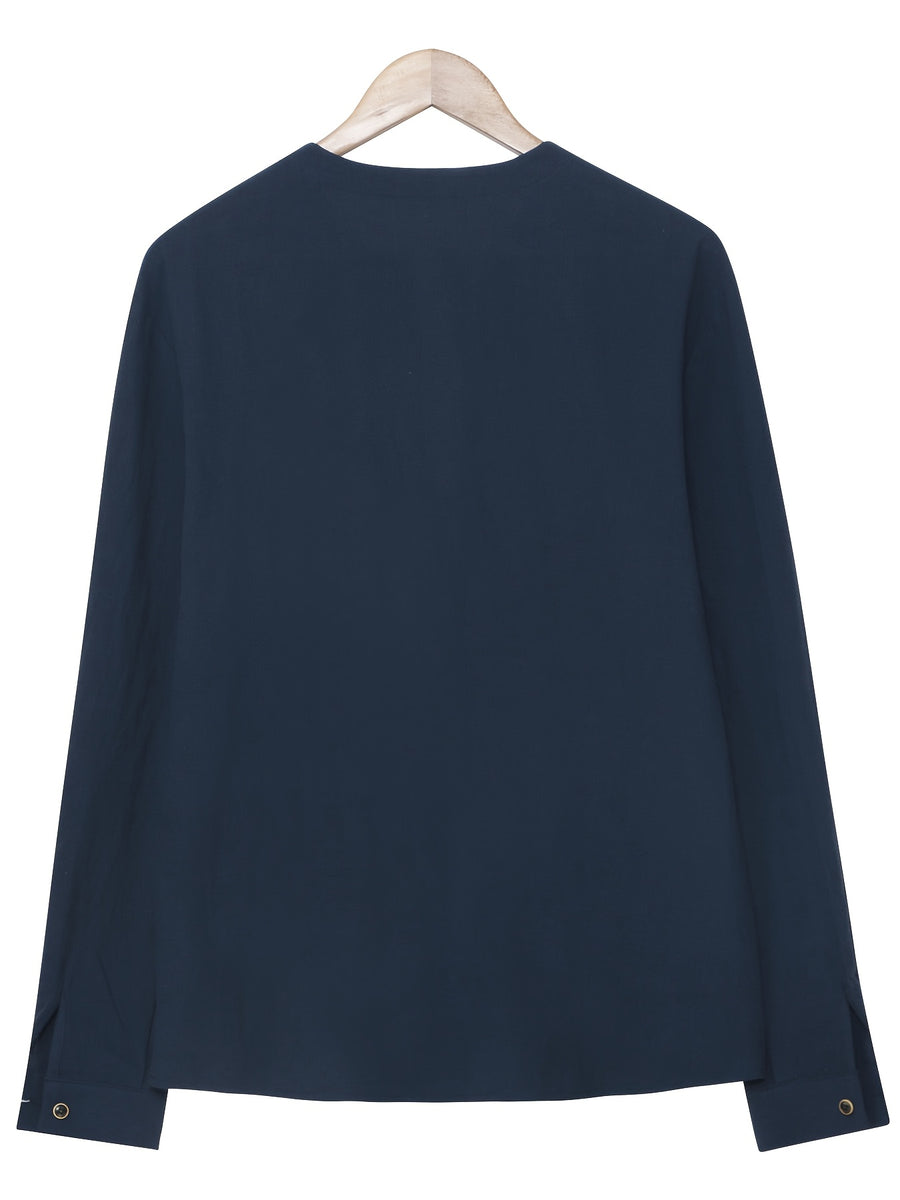 Men'S Fashion Comfortable Spring Summer Skin-Friendly Breathable Long Sleeve Henley Shirt - Navy Color