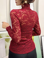 Lace Mock Neck Slim Top, Sexy Long Sleeve Top For Spring & Fall, Women's Clothing - Red