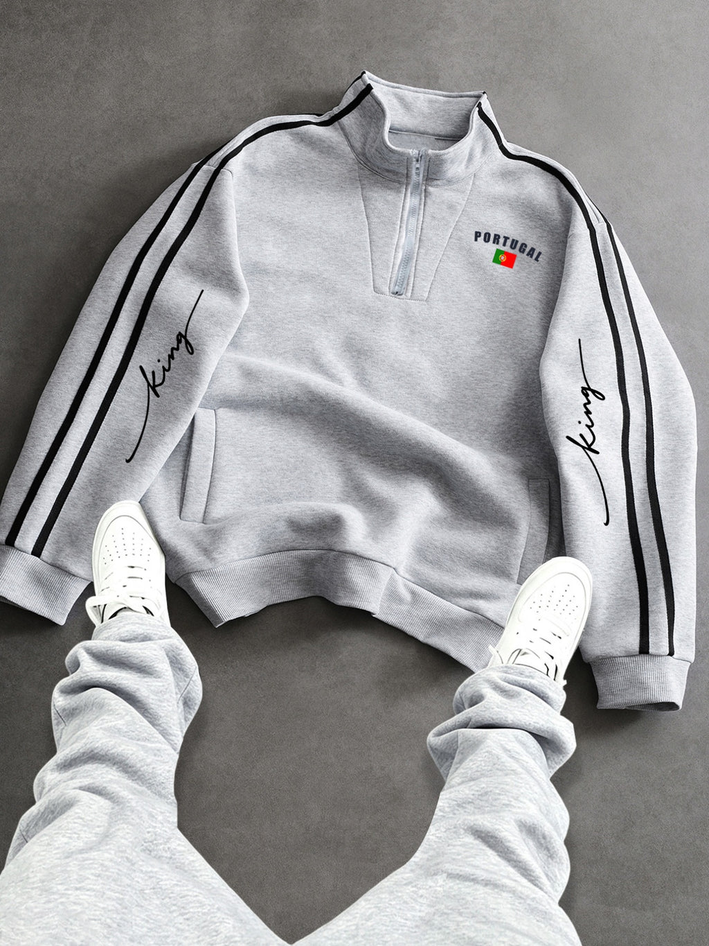 Men'S Autumn Winter Sweatshirt, Preppy Striped Color-Block Stand Collar Sweatshirt, Half-Zip Design, Trendy American Style Sweatshirt, Portuguese Flag Print Men'S Apparel, Loose Casual Fit, Suitable for Casual Wear, Comfortable Fabric - Light Twist Gray