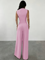 Women'S 2pcs Elegant Minimalist V-Neck Contrast Button Short Tank Top And High-Waist Wide-Leg Pants Set, Suitable for Daily Commute And Casual Wear, Graduation Gift, Teacher Outfit, Spring Summer Back-To - Bright Pink Color