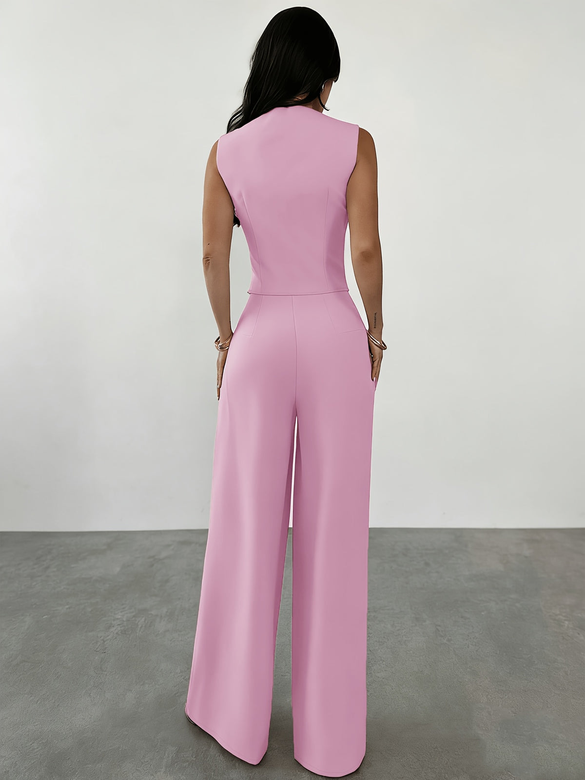 Women'S 2pcs Elegant Minimalist V-Neck Contrast Button Short Tank Top And High-Waist Wide-Leg Pants Set, Suitable for Daily Commute And Casual Wear, Graduation Gift, Teacher Outfit, Spring Summer Back-To - Bright Pink Color