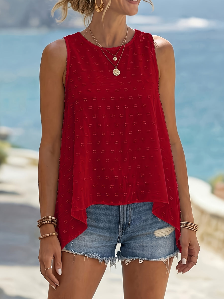Fashionable Solid Color Round Neck Asymmetrical Hem A-Line Tank Top, Women's Elegant Top - Red
