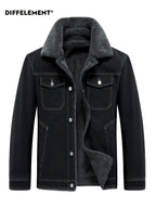 Men's Lapel Denim Jacket, Thickened for Warmth and Windproof, Vintage Versatile Style, Washed Denim Fabric with Fleece Lining and Topstitching, Casual Straight Cut Single-Breasted Lapel Design, for Autumn/Winter Daily Commuting and Streetwear - Black
