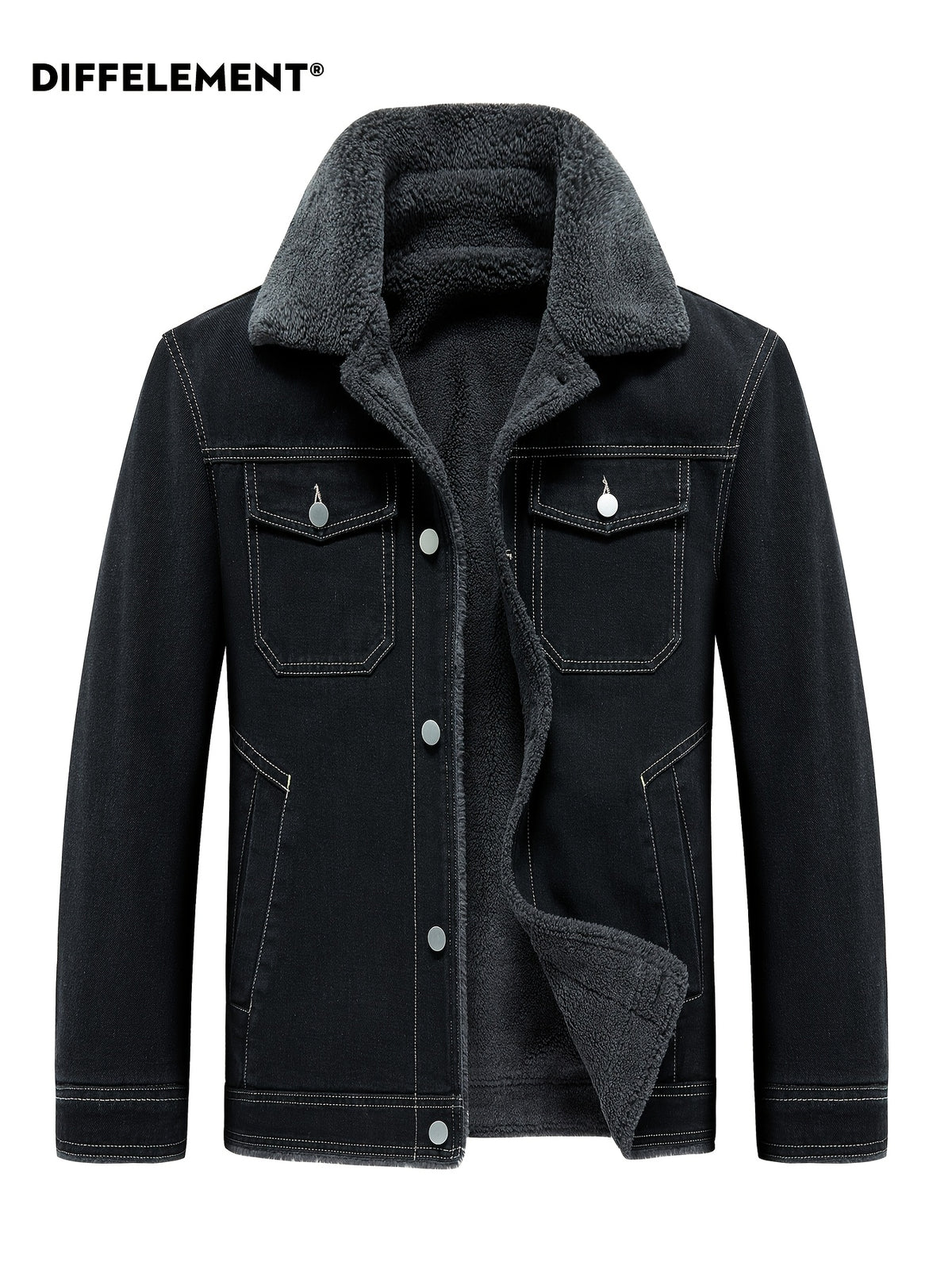 Men's Lapel Denim Jacket, Thickened for Warmth and Windproof, Vintage Versatile Style, Washed Denim Fabric with Fleece Lining and Topstitching, Casual Straight Cut Single-Breasted Lapel Design, for Autumn/Winter Daily Commuting and Streetwear - Black