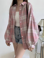 Women's Korean-style Layered Plaid Shirt, Loose and Lazy Design, Trendy Long-sleeve Thin Cardigan - pink color
