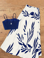 Women'S Spring Autumn Elegant Lace-Up Skirt And Cami Top 2pcs Set - Blue