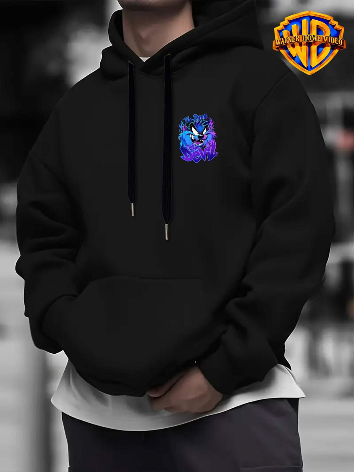 Warner Bros Official 1pc Cyber Purple-Blue Flame Background Grimace The Devil Graffiti Font Casual Hoodie - Men's Fashion Hoodie, Double-Sided Front and Back Print, Adjustable Drawstring Loose and Comfortable Sweatshirt, Suitable for Daily - Black