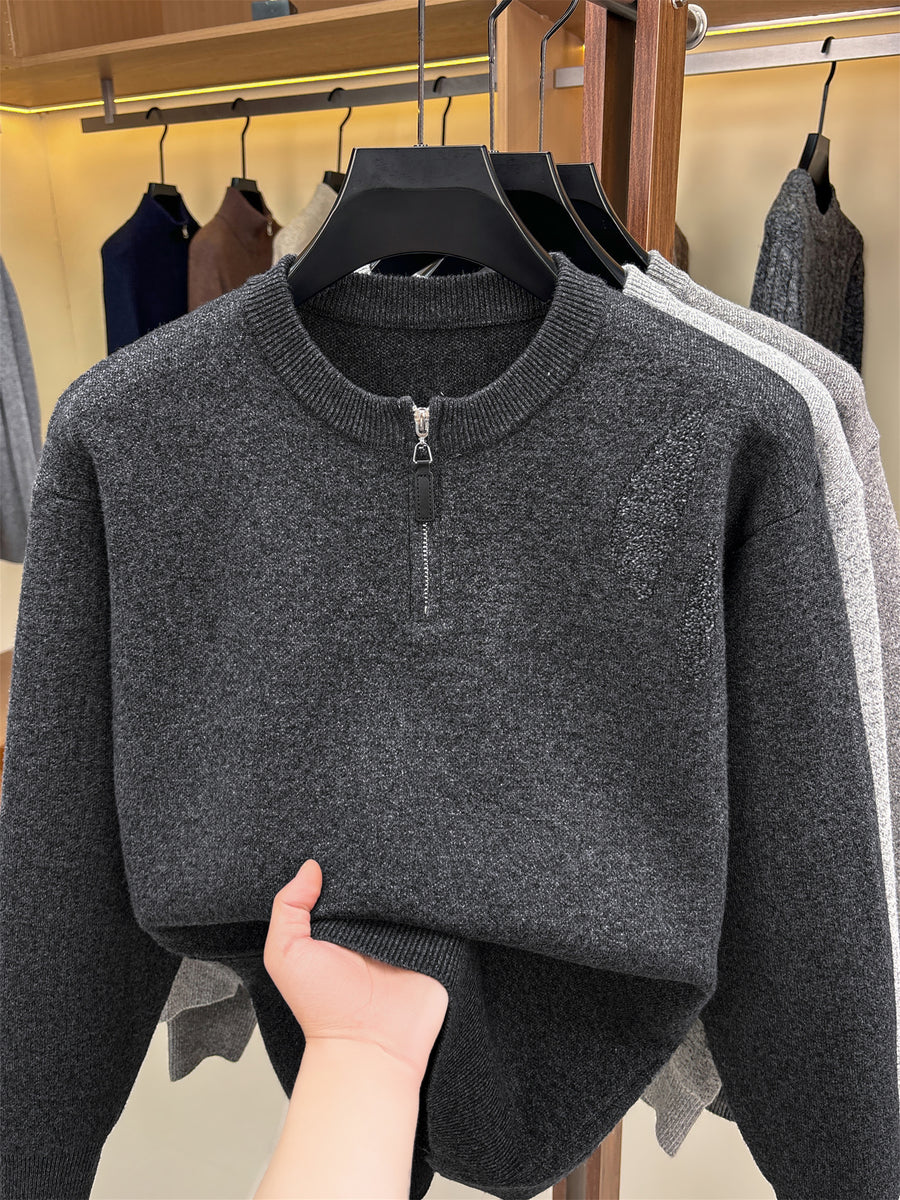 ZBZP Men's Solid Color Half-Zip Sweater - Warm Winter Knit Sweater Suitable for Fall/Winter, Crew Neck Half-Zip Pullover with Half-Zip Front Panel, Casual Long Sleeve Knitwear for Office & Casual Attire, Basic Solid Color Sweater - Dark Gray
