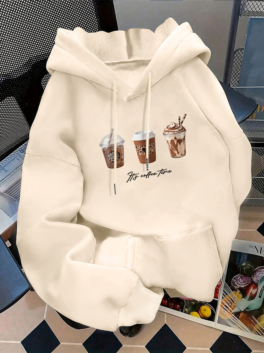 Women's Fashion Hoodie with Three Cups of Coffee H's COFFE TIME Print Kangaroo Pocket Long Sleeve Sweatshirt for Autumn and Winter, Ideal for Daily Casual Wear, Outings, and Parties - Apricot