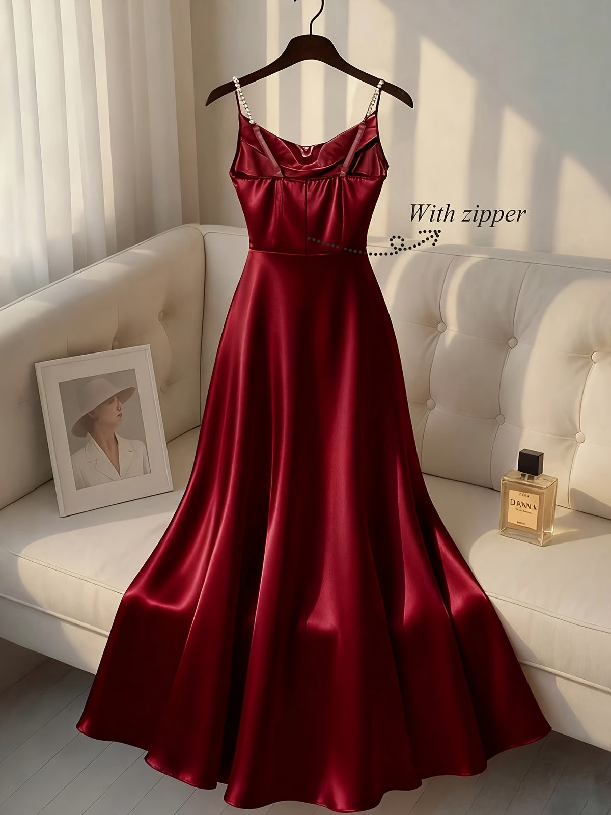 Women'S Elegant Satin Pearl Strap Dress, A-Line Silhouette, Suitable for Commute, Parties, And Events - Burgundy