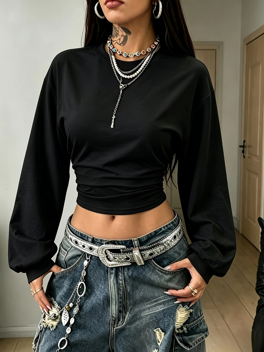 Women's Back-to- Season Basic Solid Color Pleated Asymmetrical Collar Long Sleeve Pullover Top, Autumn/Winter Casual Versatile Style,, Leisure, Dating, and Vacation Holidays in Multiple Scenarios - Black
