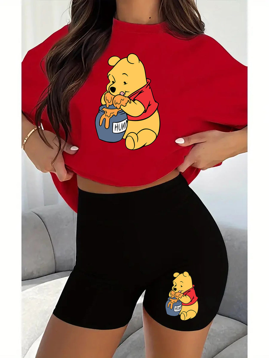 Women'S Disney-Themed T-Shirt Set Featuring a Casual Round Neck And Short Sleeves with a Winnie The Pooh Print, Perfect for Everyday Wear Or As a Gift. Ideal for Daily Outfits, Trendy Casual Wear - Red