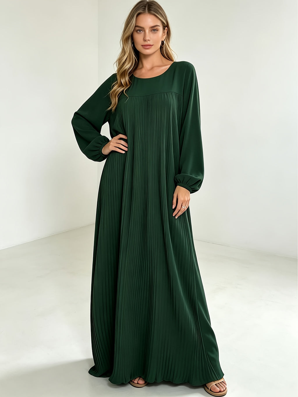 1pc Elegant Holiday Fashion Versatile Loose Pleated Back Zipper Solid Color Women's Robe, Suitable for Daily Wear, Comfortable, Casual, and Loose-Fitting. Women's Robe, Muslim Long-Sleeve Dress, Women's Maxi Dress - Dark Green