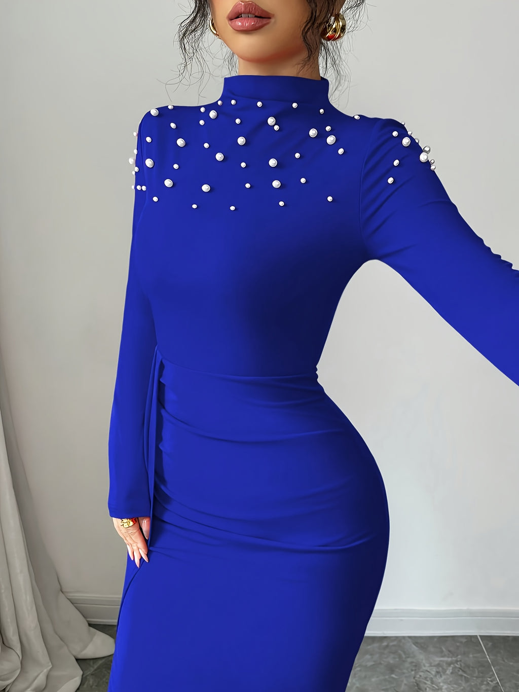 Elegant Hand-beaded and Pleated Women's Clothing - Blue