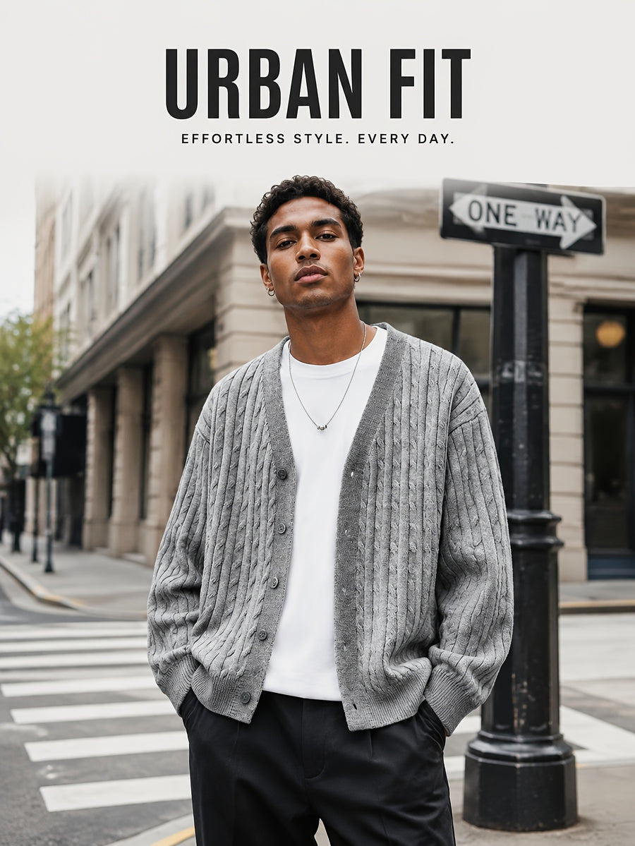 Daily Deal 1pc Men's Cable Knit Cardigan, V-Neck Button-Front, Textured Twist Knit, Retro Casual Street Style, Spring & Fall Loose Fit Daily Sweater Outerwear - Dark Gray