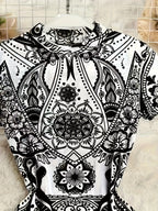 Young Y2K Sheer Floral Print Crew Neck Short Sleeve Rompe - White