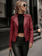 In-Stock/Women'S Casual PU Jacket, Women'S Biker Coat, Spring Autumn Motorcycle Jacket, Vacation Travel Outerwear, Retro Fashion Design - Red