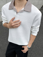 Men'S Casual Athletic T-Shirt, 1pc Men'S Fashion Trendy Casual Patchwork Lapel Long Sleeve T-Shirt, Loose Fit, Comfortable Textured Elastic Fabric, Suitable for Daily Casual Wear - White