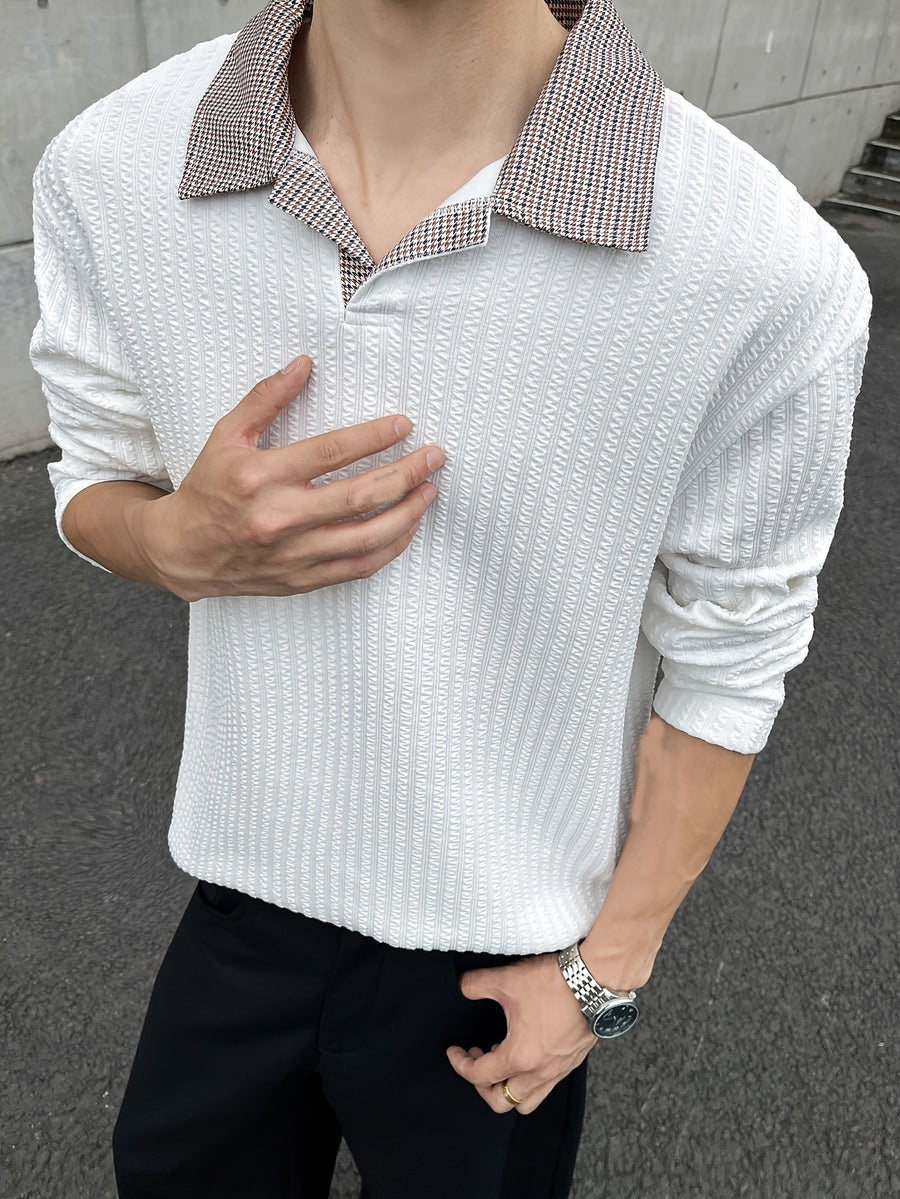 Men'S Casual Athletic T-Shirt, 1pc Men'S Fashion Trendy Casual Patchwork Lapel Long Sleeve T-Shirt, Loose Fit, Comfortable Textured Elastic Fabric, Suitable for Daily Casual Wear - White