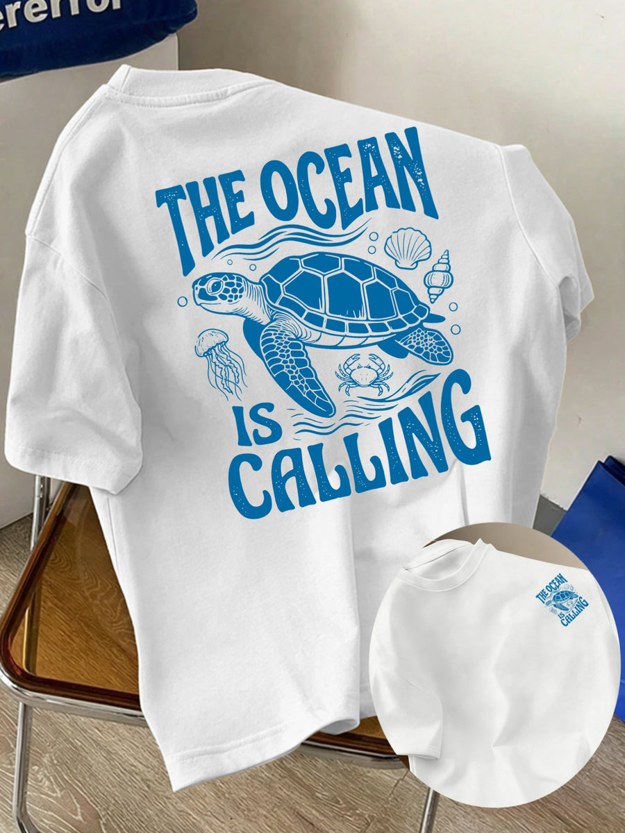 Men's New Style Pure Cotton Short Sleeve Crew Neck T-Shirt with "Ocean Call" Print, Suitable for Vacation, Leisure, Comfortable, Soft, Breathable, Summer Essential - White