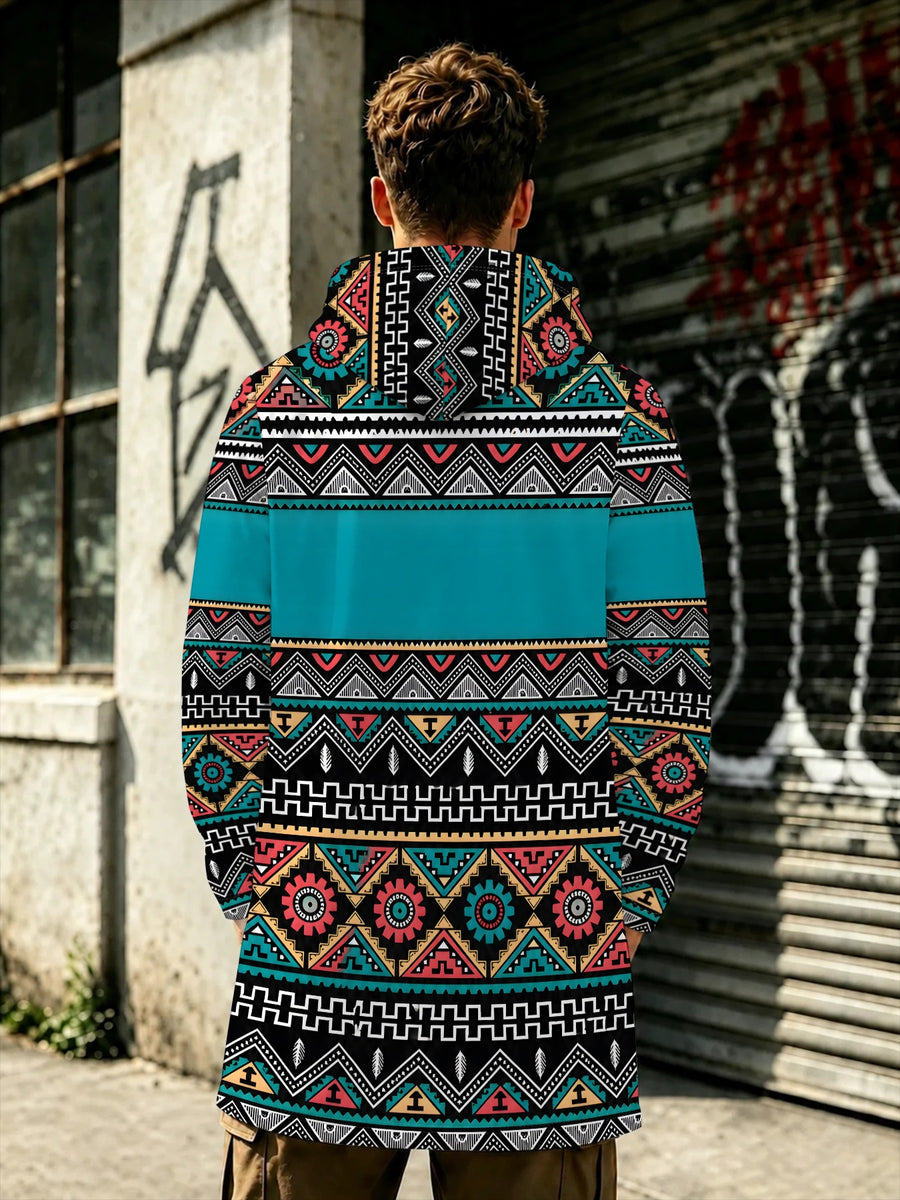 Men'S Ethnic Style Hooded Jacket Autumn Zipper Cardigan Trendy Geometric Pattern Color Block Design Stylish Streetwear Top for Daily Casual Wear - Multicolor