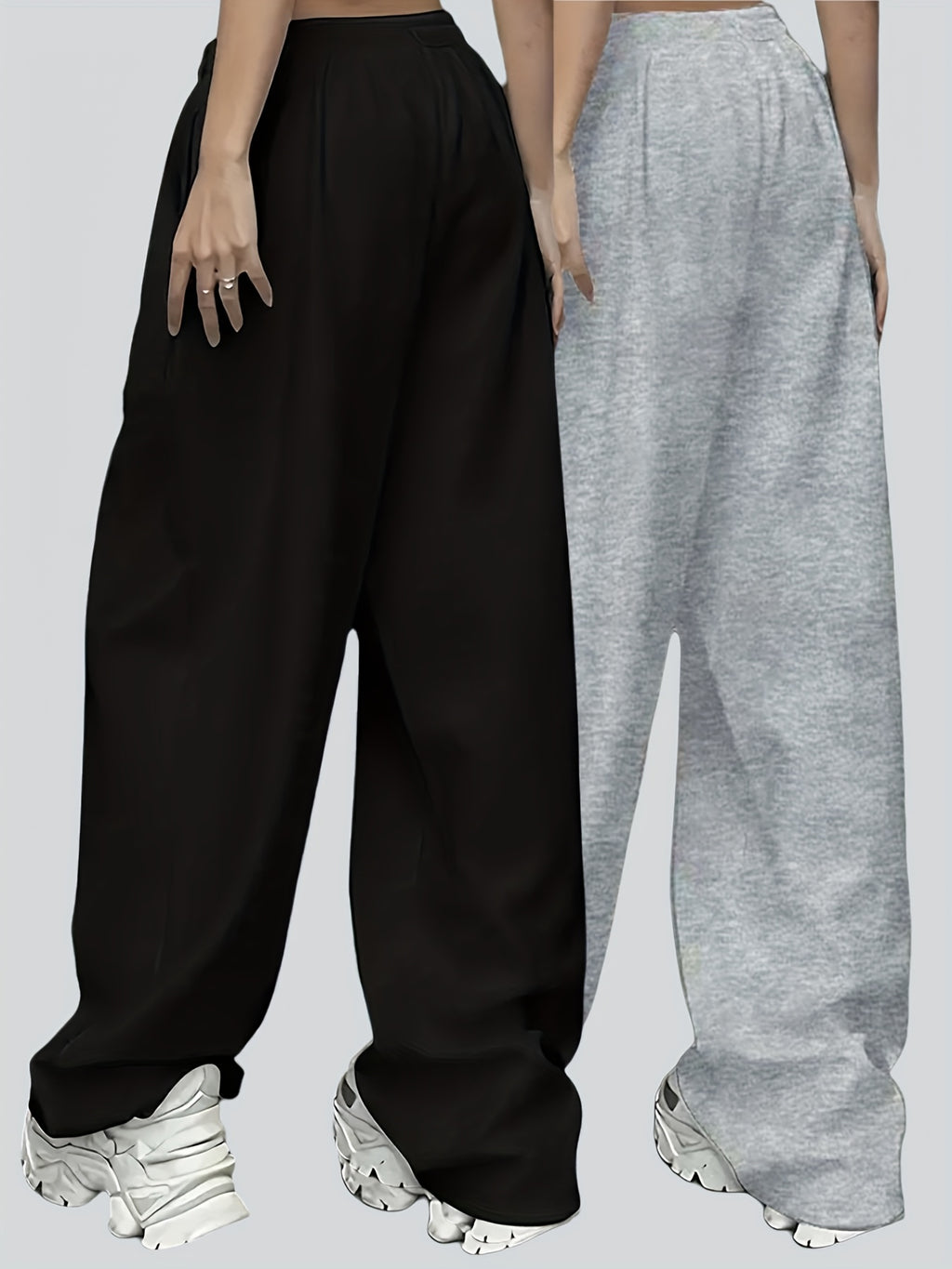 2pcs Plus Size Women'S Casual Wide-Leg Athletic Pocket Sweatpants, Solid Color Drawstring Pattern Printed Sweatpants - Black+Grey