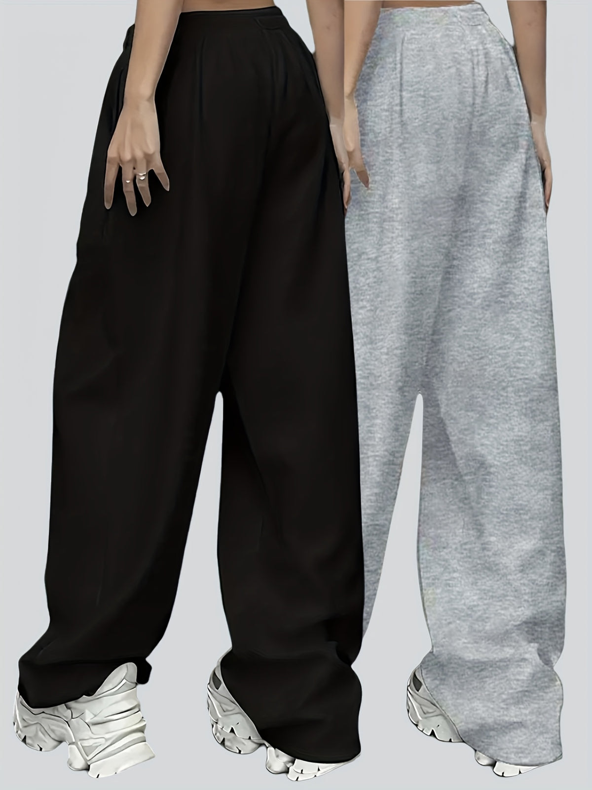 2pcs Plus Size Women'S Casual Wide-Leg Athletic Pocket Sweatpants, Solid Color Drawstring Pattern Printed Sweatpants - Black+Grey