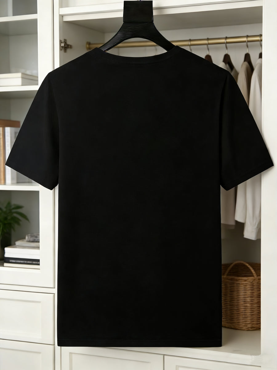 1pc Striped Hollow Letter Printed Men'S T-Shirt, Minimalist Top, Niche Design Wear - Summer Loose Breathable Crew Neck Basic Short Sleeve - Black