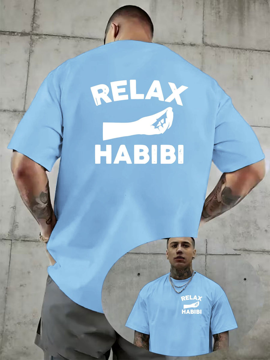 Creative Double-Sided Pattern Print, RELAX HABIBI Fun Slogan Print T-Shirt, Bold Statement, Easy, Summer Men'S Casual Short Sleeve T-Shirt Round Neck Top, Knit Fabric, Fresh And Comfortable - Sky Blue