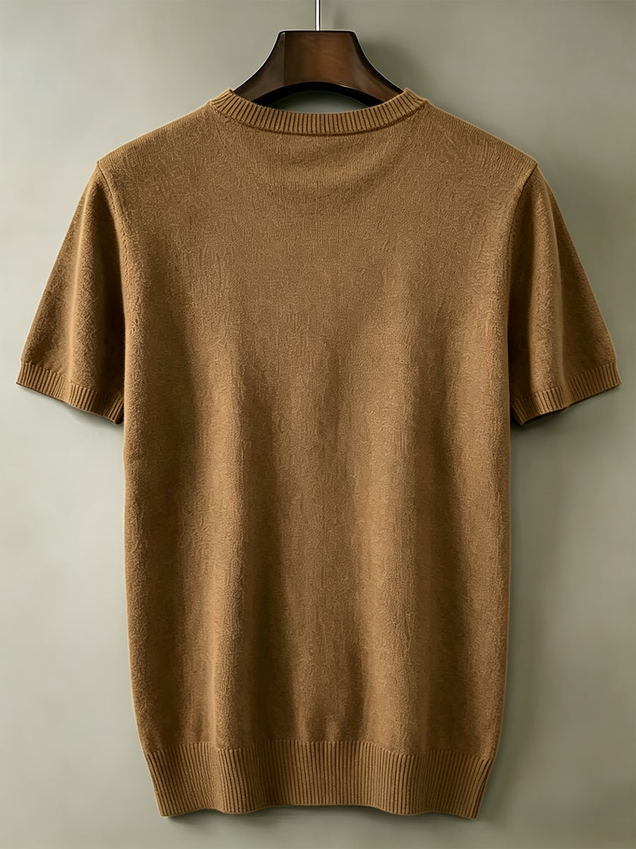 Men's Breathable Short Sleeve T-Shirt - Solid Color Round Neck Base Layer, Casual & Business Versatile Opaque Shirt, Machine Washable Suitable for Office Wear, Layering, Everyday Use - Khaki