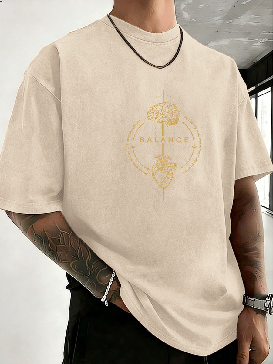 Men's 100% Cotton Washed Distressed Crew Neck Short-Sleeve T-Shirt, Balance Brain Heart Graphic Double-Sided Print, Trendy Loose Casual Tee Tops, 12 Colors Available - Apricot
