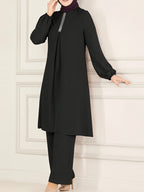 A Two-Piece Set Featuring a Solid Color Round-Neck Shirt Paired with Loose Long Pants, Designed for Middle Eastern Women'S Casual Fashion, Suitable for Turkish Women'S Attire - Black
