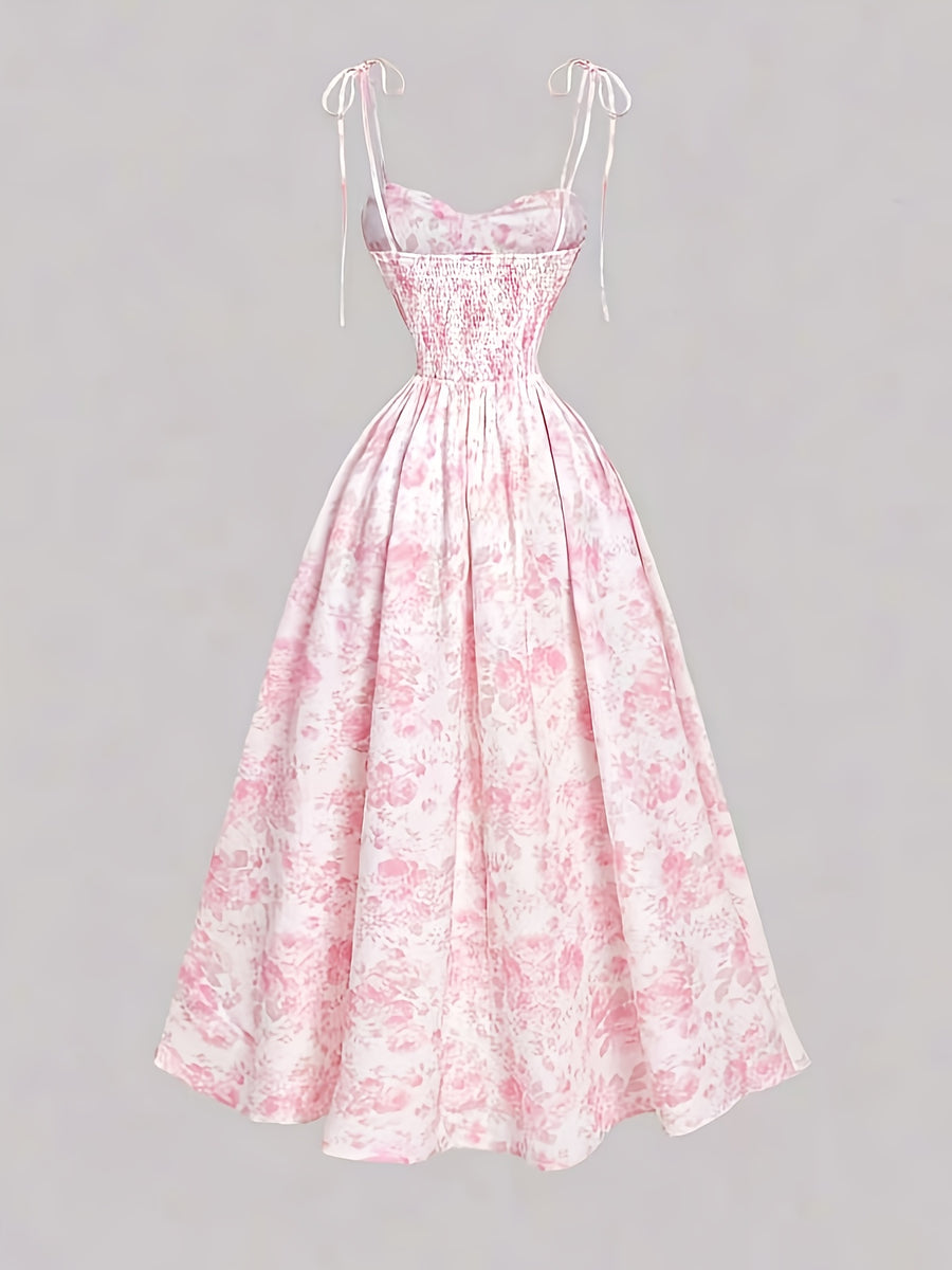French Floral Suspender Elegant Small Fresh Long Dress - Pink