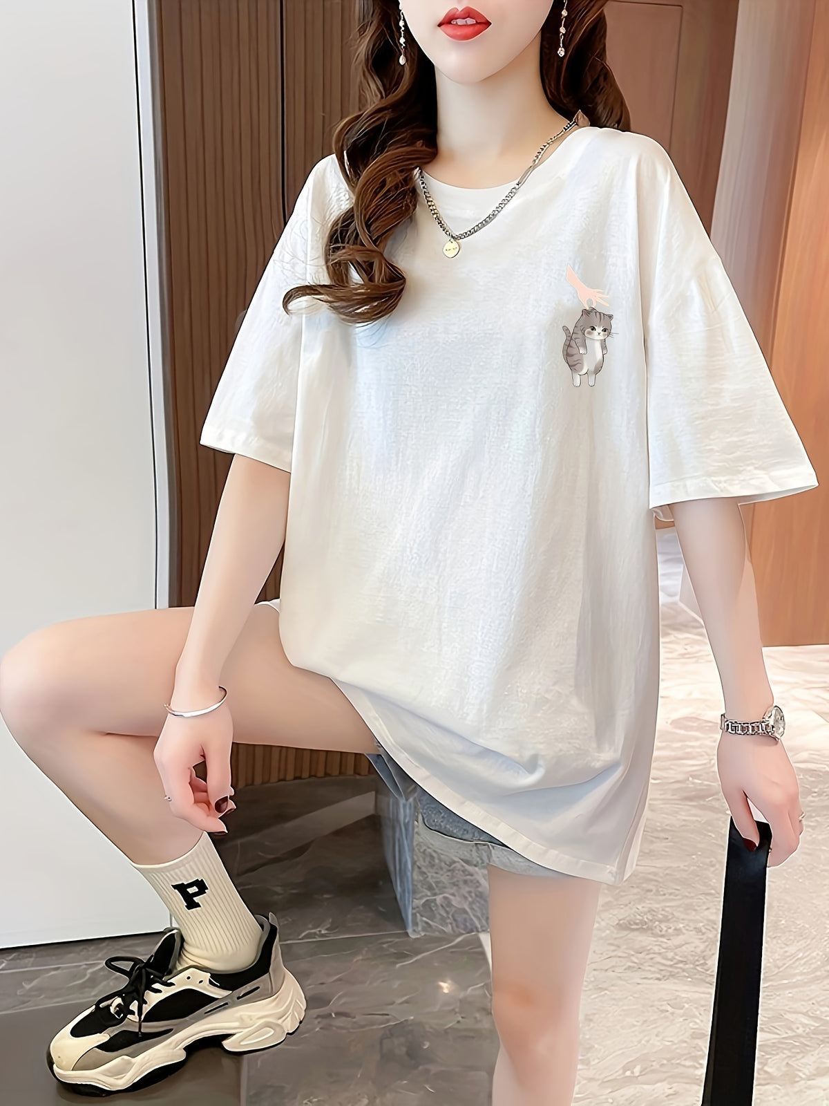 Women's Short Sleeve T-Shirt with Front and Back Print, Pure - White