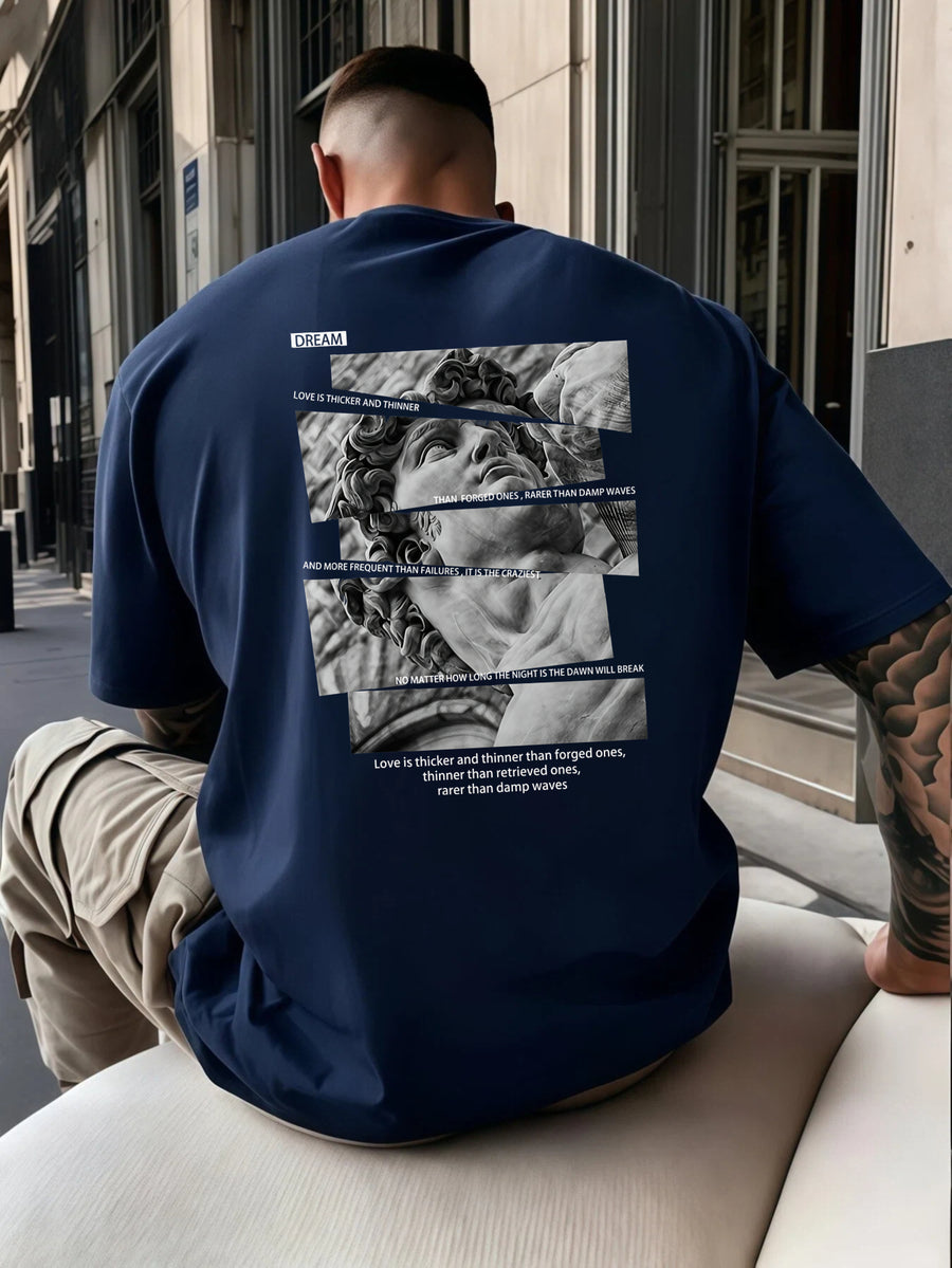 Casual Streetwear Style, Men'S T-Shirt, Classical Statue Collage with Love Quote Print, Summer Urban Outdoor Wear, Gift for Boyfriend Or Fashion Enthusiast - Navy Color