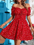 Women's Off-Shoulder/-Shoulder High-Waisted Beach Dress with Ruffle Hem - Bohemian Swim-to- Dress Suitable for Poolside, Vacation, Weddings, Machine Washable Fitted Dress - Red