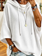 Women's Elegant Casual Solid Color Loose Fit Hooded Fashion Waffle Sweatshirt Top - White