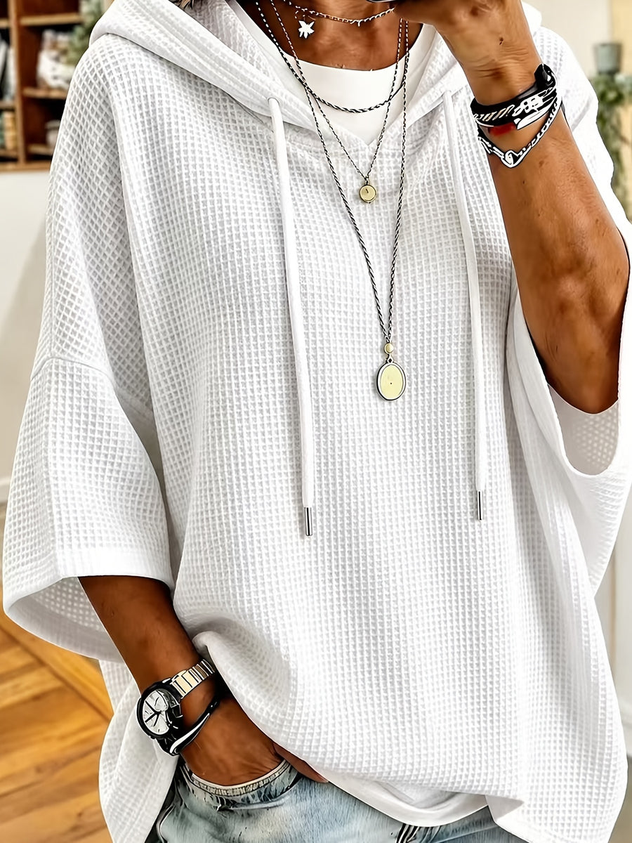 Women's Elegant Casual Solid Color Loose Fit Hooded Fashion Waffle Sweatshirt Top - White