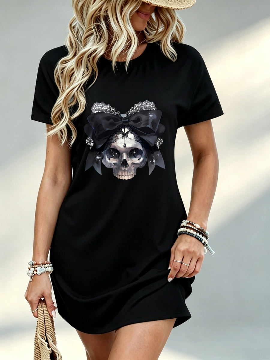Printed Design - Not Textured, Casual, Women Dress, Skull with Bow Print, Daily Wear, Gift for Her, 100% Polyester - Black