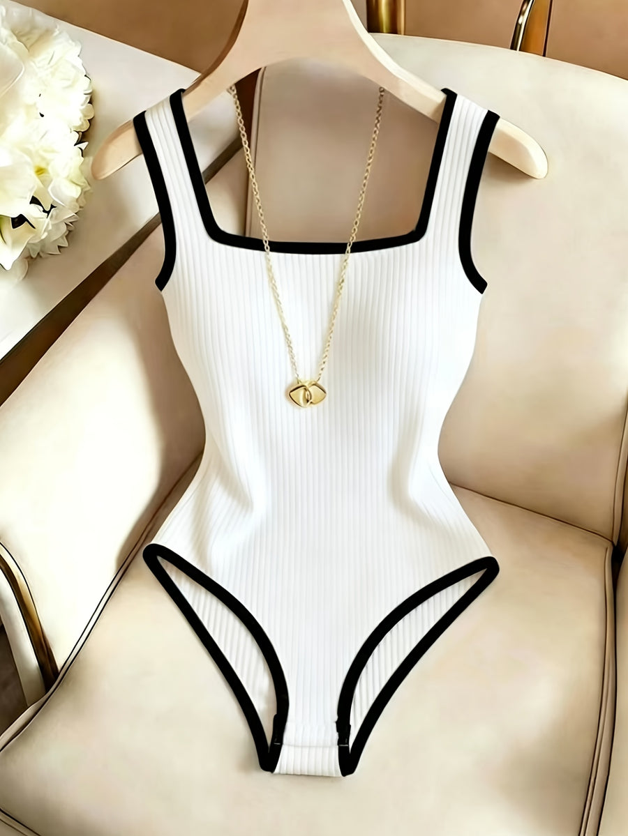 Women's Mature-Casual Style Slim-Fit Jumpsuit Top with Square Neckline, Thin Straps, Ribbed Waistband, and Ribbed Trim - Suitable for Spring/Summer Commuting and Party Outfits - White