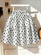 355# Ruffle Trim Floral Bow Tie Polka Dot Short Cake Skirt - White
